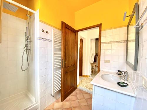 a bathroom with a sink and a shower and a mirror at Dimora del Poggio a San Quirico d’Orcia in San Quirico dʼOrcia