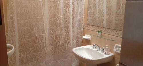 un bagno con lavandino e tenda da doccia di La casa del Norte a Humahuaca