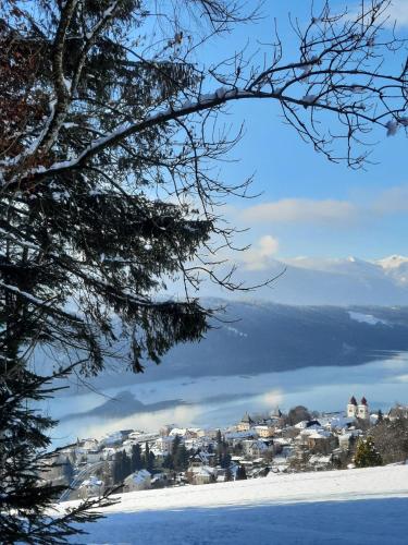a view of a city in the snow at Haus Franz in Millstatt