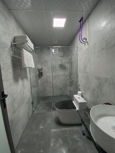 a bathroom with a shower and a toilet and a sink at Villa Đường Mây in Tam Ðảo