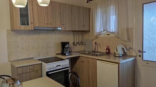 cocina con armarios de madera, fregadero y fogones en Mirsini Apartments en Agios Georgios