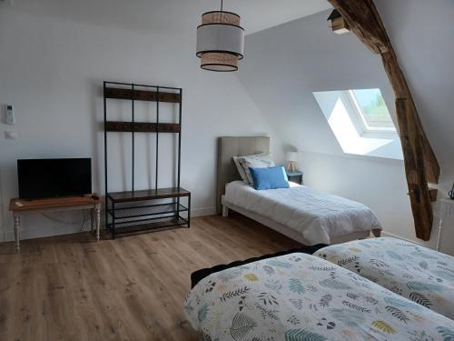 1 dormitorio con 2 camas y TV de pantalla plana en Rêve de Loire chambres d'hôtes au calme au pied des châteaux de la Loire en Onzain