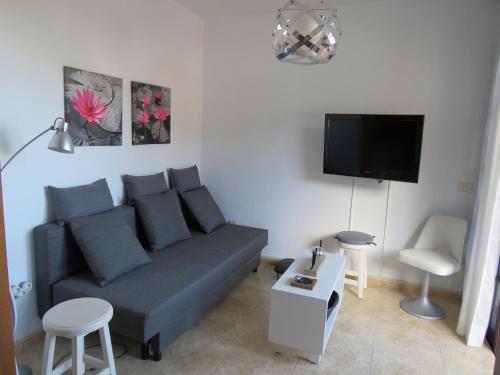 a living room with a couch and a tv at Mi Paraiso Vacacional, Isla del Hierro. in Tamaduste