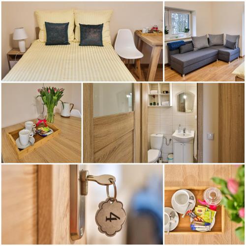 a collage of pictures of a bedroom and a living room at Siedlisko Czekaj 15 in Uniejow