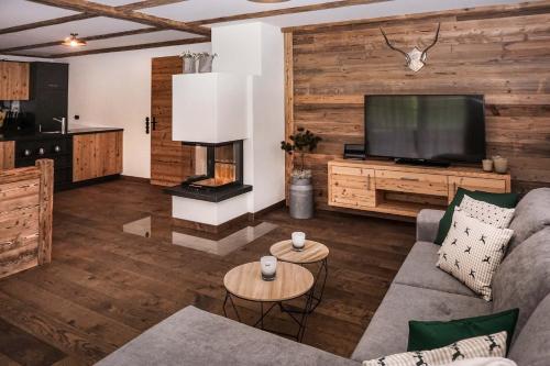 un soggiorno con un divano e una televisione di Alpin Lodges - Moderne Appartements mit Zugang zu 3000 qm SPA Panoramahotel Oberjoch a Bad Hindelang