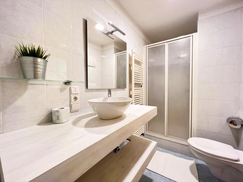 La salle de bains est pourvue d'un lavabo et de toilettes. dans l'établissement Ferienwohnung im Zentrum von Kaltern, à Caldaro