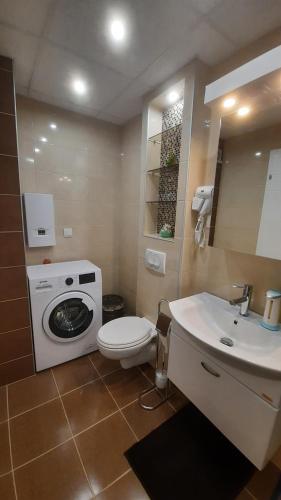 ein Badezimmer mit einem WC, einem Waschbecken und einer Waschmaschine in der Unterkunft Cozy & Quiet Apartment Ohrid in Ohrid