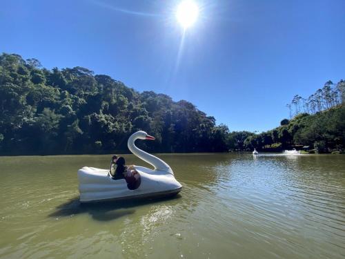a person sitting on a swan raft in a lake at Hotel Fazenda Vilarejo All Inclusive in Conservatória