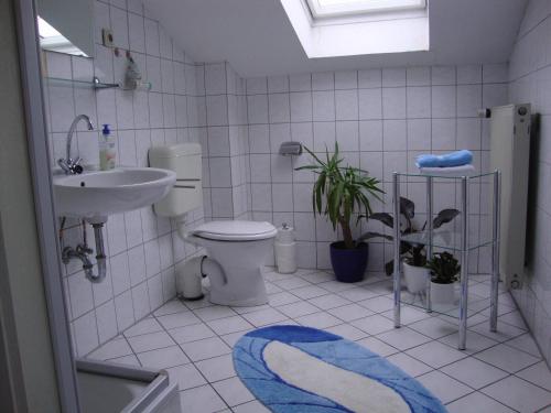 
a bathroom with a toilet a sink and a bath tub at Haus am Pfaffenteich in Schwerin
