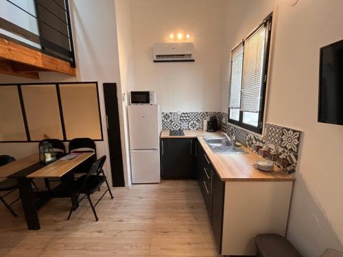 une cuisine avec un évier, une table et un réfrigérateur dans l'établissement Grand studio contemporain avec mezzanine, à Sérignan