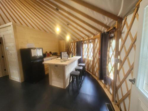 a kitchen with a counter and a refrigerator in a room at Maggie Valley Cabin Rentals in Maggie Valley