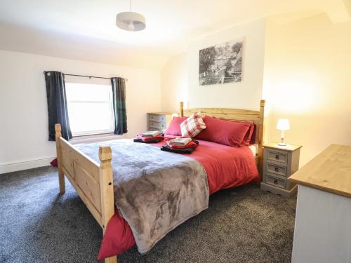 a bedroom with a large bed with red pillows at Tan Y Capel in Llanbrynmair