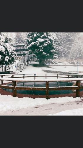 a bench covered in snow in a park at Departamentos Exclusivos Termas de Chillán in Nevados de Chillan