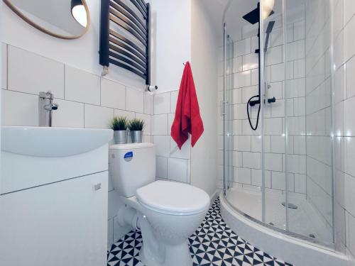 a white bathroom with a toilet and a shower at Narutowicza 41 Apartments in Łódź