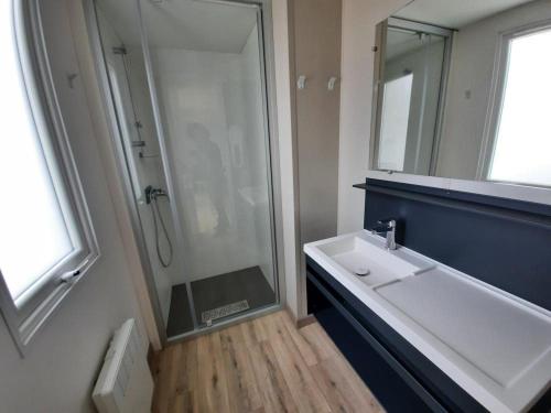 uma casa de banho com um lavatório, um chuveiro e um espelho. em Mobil Home tout confort em Saint-Hilaire-de-Riez