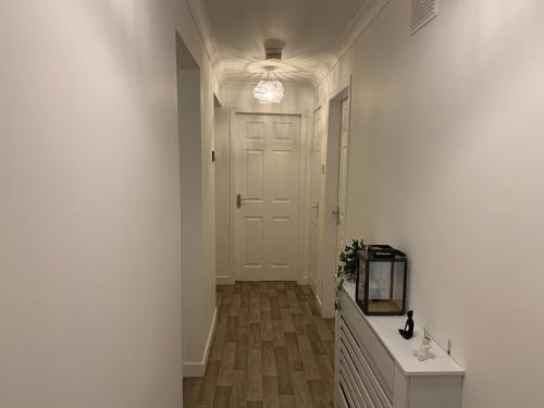 a hallway with a white door and a wooden floor at Dumfries Apartment in Dumfries