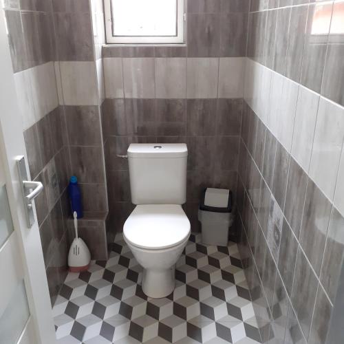 a bathroom with a toilet and a black and white floor at Apartma Františkovy Lázně in Františkovy Lázně