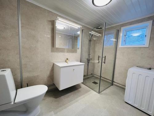 a bathroom with a shower and a toilet and a sink at Stockholm archipelago with boat and bikes in Djurhamn