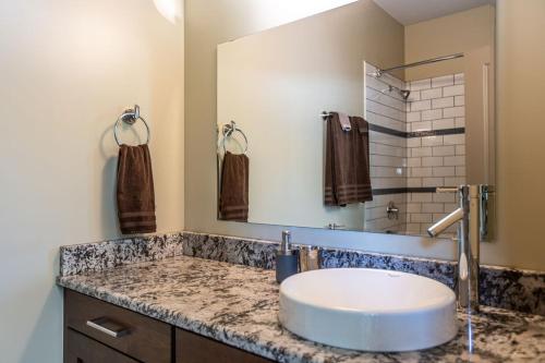 a bathroom with a sink and a mirror at Selkirk Snug by Revelstoke Vacations in Revelstoke