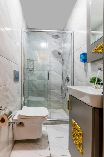a bathroom with a shower and a toilet and a sink at Santa Rio Taxim in Istanbul