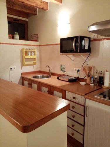 a kitchen with a counter with a sink and a microwave at Posada La Canal in Ubiarco