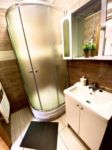 a bathroom with a shower and a sink at Fakanalas Fogadó in Pásztó