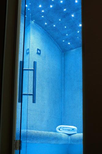 La salle de bains bleue est pourvue de toilettes et d'une douche. dans l'établissement Villa du Belvédère, piscine intérieure, spa et hammam, à Montagnac
