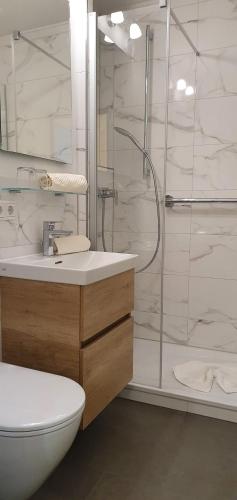 a bathroom with a shower and a toilet and a sink at Appartementhaus Wimmerhof in Bad Füssing