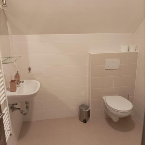 a white bathroom with a toilet and a sink at Rodinné vinařství Guldanovi in Diváky