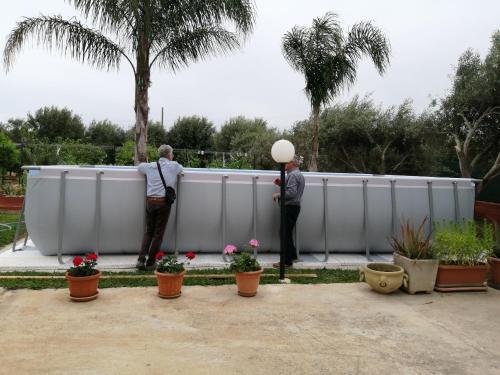 two men standing next to a fence with plants at Villa Caterina in Solarino