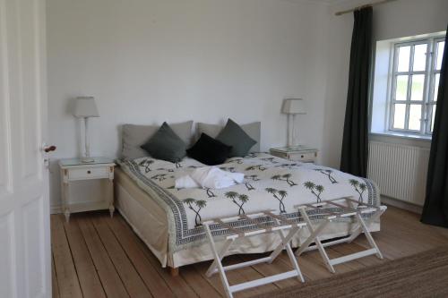 a bedroom with a bed with two tables and a window at Villa Albeck in Rønde