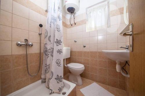 a bathroom with a shower and a toilet and a sink at Apartman Duje in Tučepi