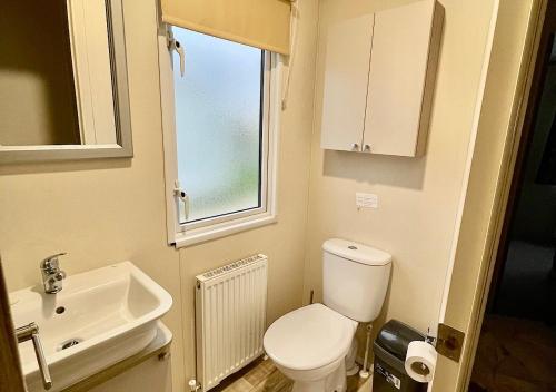 un piccolo bagno con servizi igienici e lavandino di Luxury 3 bedroom caravan between Perranporth and Newquay, Cornwall a Newquay