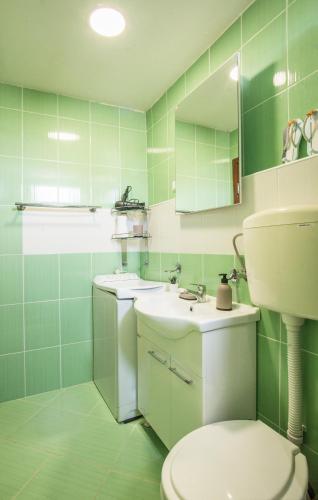 a green bathroom with a toilet and a sink at Apartments MaXhit in Tivat