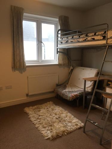 a room with a bunk bed and a rug and a window at Colourful 2-bed home by the River, Totnes in Totnes
