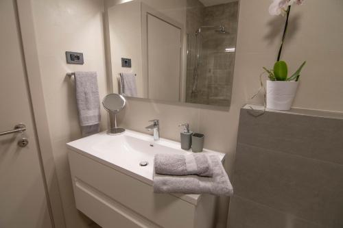 La salle de bains blanche est pourvue d'un lavabo et d'un miroir. dans l'établissement Luxury apartment Faro with sea view and swimming pool, à Premantura