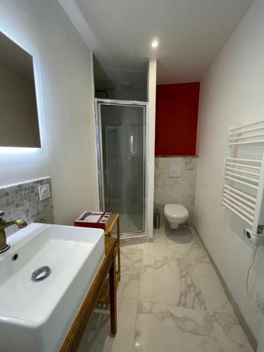 une salle de bain avec un lavabo et des toilettes dans l'établissement Escapade dans grand T2 de charme avec terrasse - Proche Gare et Centre ville, à Lourdes