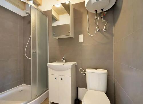La salle de bains est pourvue de toilettes, d'un lavabo et d'une douche. dans l'établissement Kolorowe Domki, à Pobierowo