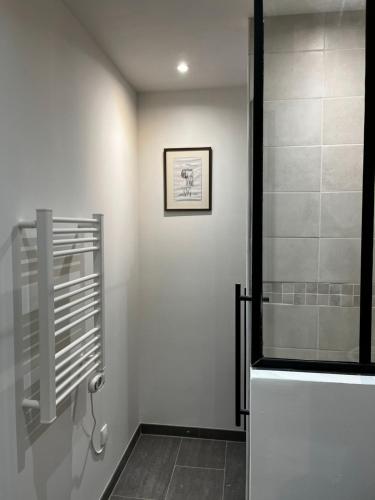 uma casa de banho com uma cabina de duche e uma porta de vidro em Escapade à Lourdes dans T2 Bis proche Gare et Centre ville em Lourdes