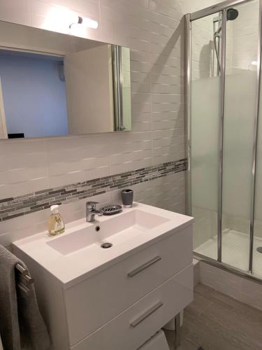 une salle de bain avec un lavabo blanc et une douche dans l'établissement Studio cosy au cœur du centre ville idéal pour visiter Marseille, à Marseille