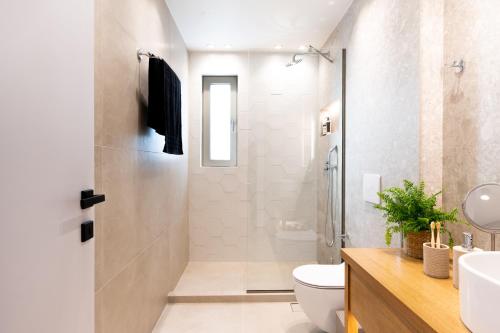 a bathroom with a shower and a toilet and a sink at Searenity Villa Malia with private swimming pool in Malia