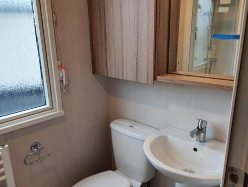 a small bathroom with a toilet and a sink at Caravan on Fantastic site in Dunbar