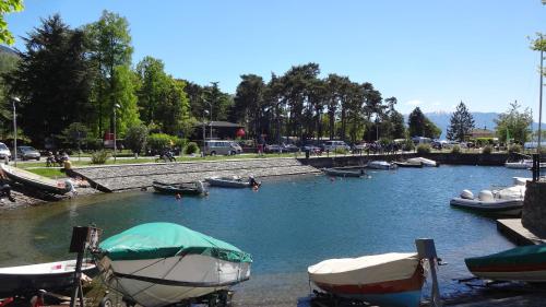 a group of boats are docked in a river at Il girasole in Dervio