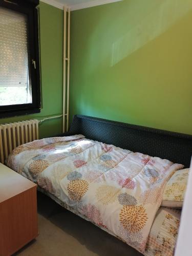 a bed in a room with a green wall at Kingston in Pirot