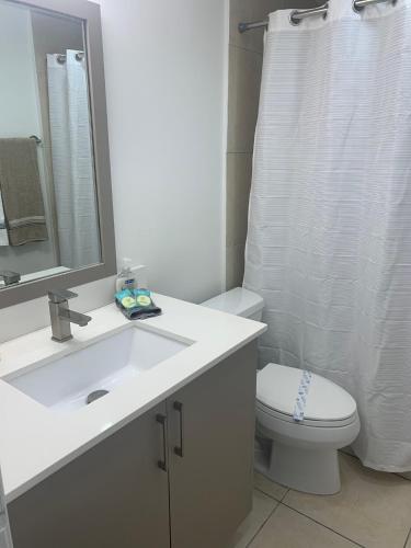 a bathroom with a sink and a toilet and a mirror at Great private room in Miami Beach