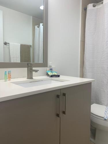 a bathroom with a sink and a mirror and a toilet at Great private room in Miami Beach