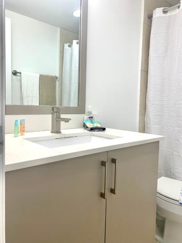 uma casa de banho com um lavatório, um espelho e um WC. em Great private room em Miami Beach