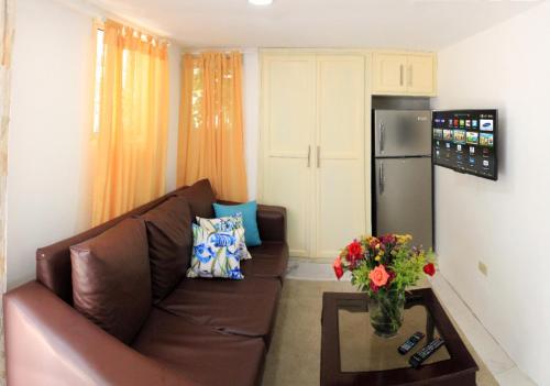 sala de estar con sofá marrón y nevera en 2 Guests 1bed Studio 3min To Beach And Main Street, en Sosúa