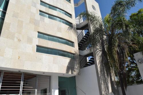 a building with a palm tree in front of it at Room in Guest room - Habitacion Tipo Hotel En Obispado in Monterrey