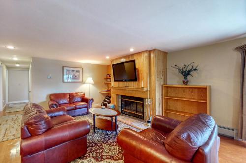 a living room with leather furniture and a fireplace at Forest Shadow in Lincoln